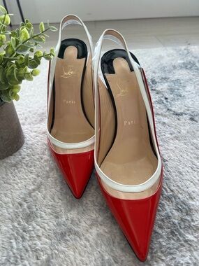 Christian Louboutin Red and White Patent Pointed Slingback Pumps